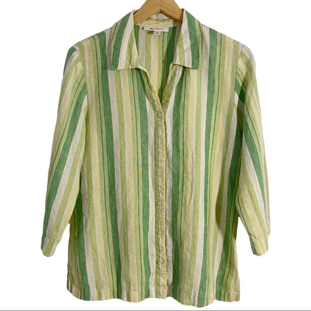 JM Collection Green, Yellow & White Striped Linen Blouse, Size 10